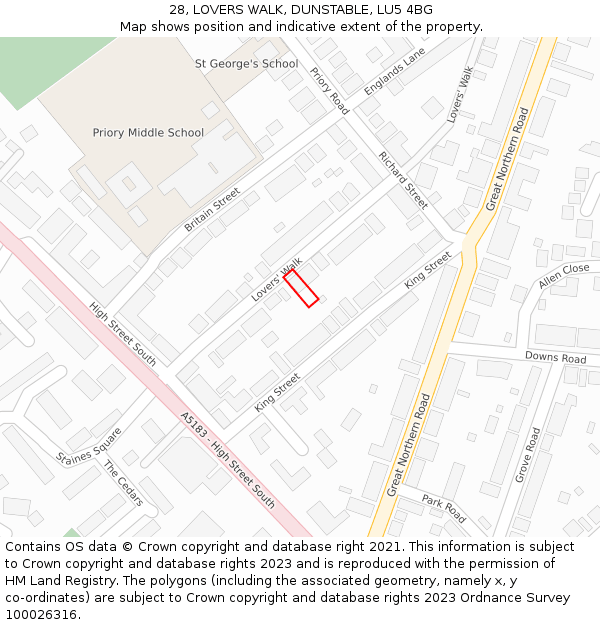 28, LOVERS WALK, DUNSTABLE, LU5 4BG: Location map and indicative extent of plot