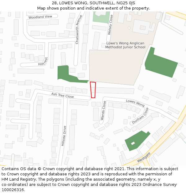 28, LOWES WONG, SOUTHWELL, NG25 0JS: Location map and indicative extent of plot