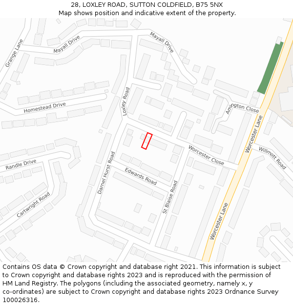 28, LOXLEY ROAD, SUTTON COLDFIELD, B75 5NX: Location map and indicative extent of plot