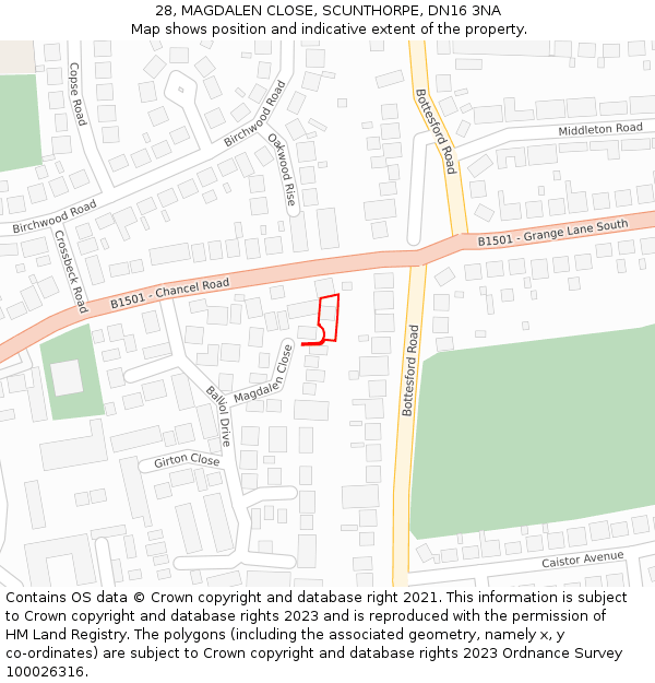 28, MAGDALEN CLOSE, SCUNTHORPE, DN16 3NA: Location map and indicative extent of plot