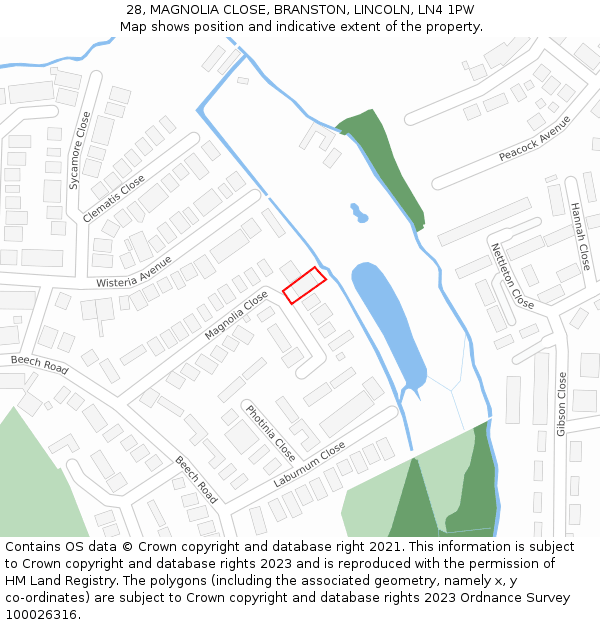 28, MAGNOLIA CLOSE, BRANSTON, LINCOLN, LN4 1PW: Location map and indicative extent of plot