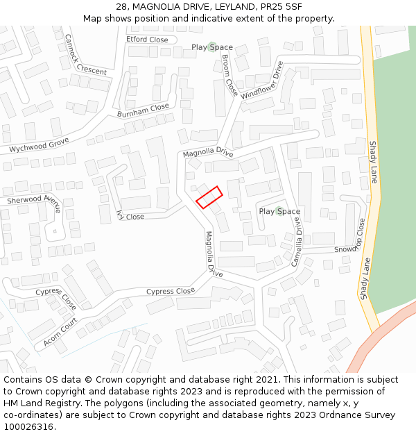 28, MAGNOLIA DRIVE, LEYLAND, PR25 5SF: Location map and indicative extent of plot