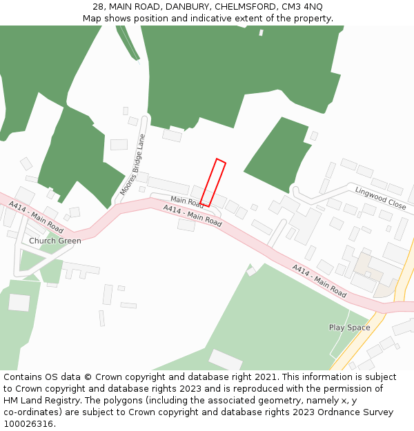 28, MAIN ROAD, DANBURY, CHELMSFORD, CM3 4NQ: Location map and indicative extent of plot