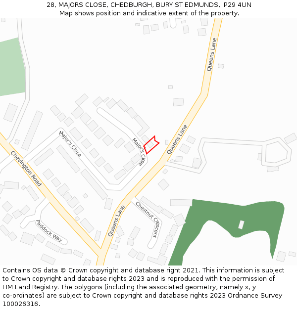 28, MAJORS CLOSE, CHEDBURGH, BURY ST EDMUNDS, IP29 4UN: Location map and indicative extent of plot