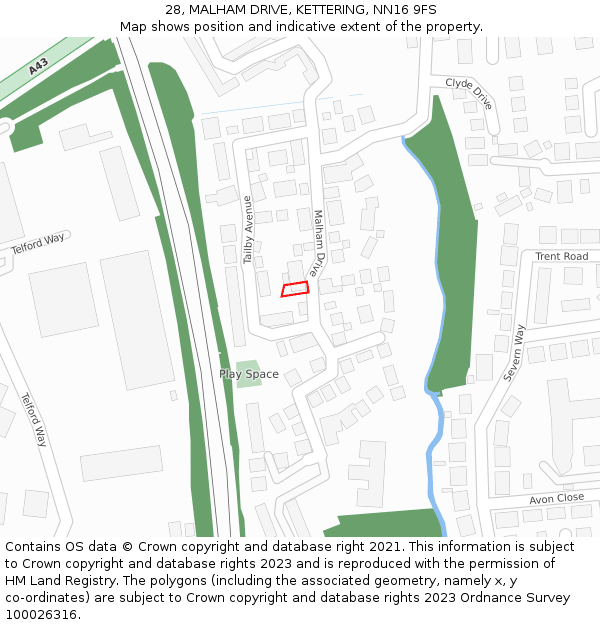 28, MALHAM DRIVE, KETTERING, NN16 9FS: Location map and indicative extent of plot