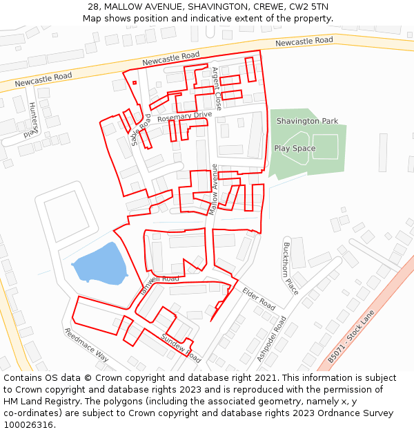 28, MALLOW AVENUE, SHAVINGTON, CREWE, CW2 5TN: Location map and indicative extent of plot