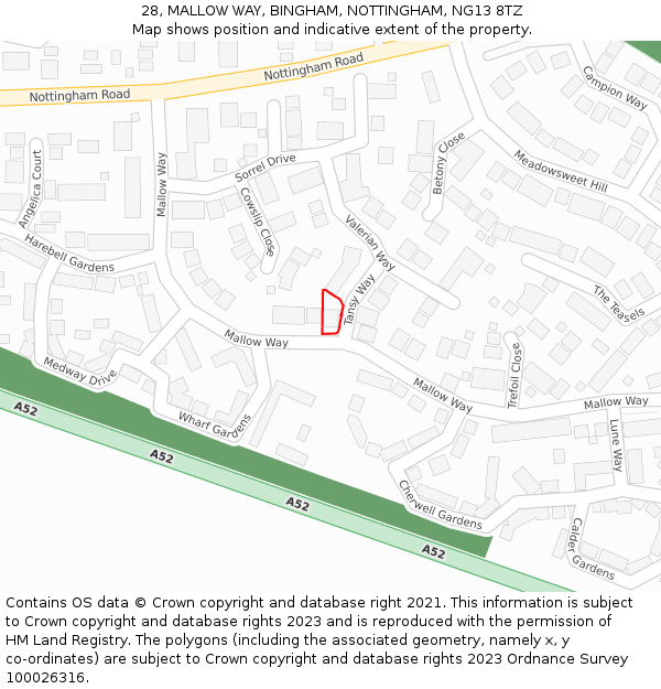 28, MALLOW WAY, BINGHAM, NOTTINGHAM, NG13 8TZ: Location map and indicative extent of plot