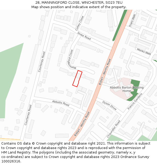 28, MANNINGFORD CLOSE, WINCHESTER, SO23 7EU: Location map and indicative extent of plot