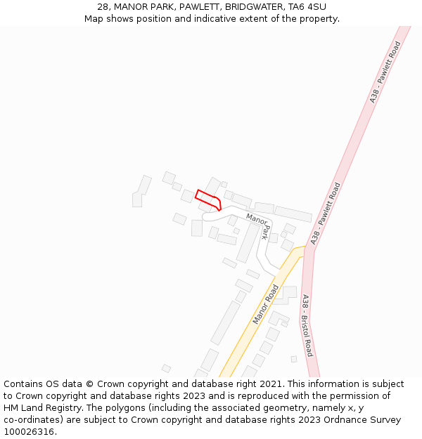 28, MANOR PARK, PAWLETT, BRIDGWATER, TA6 4SU: Location map and indicative extent of plot