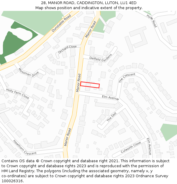 28, MANOR ROAD, CADDINGTON, LUTON, LU1 4ED: Location map and indicative extent of plot