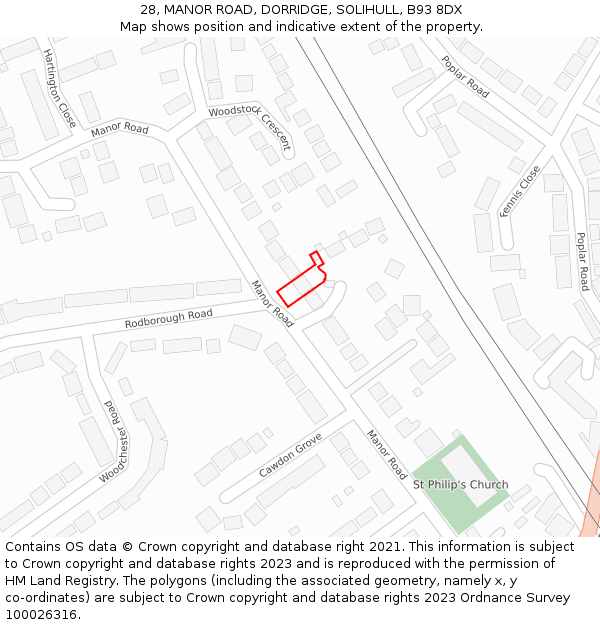 28, MANOR ROAD, DORRIDGE, SOLIHULL, B93 8DX: Location map and indicative extent of plot