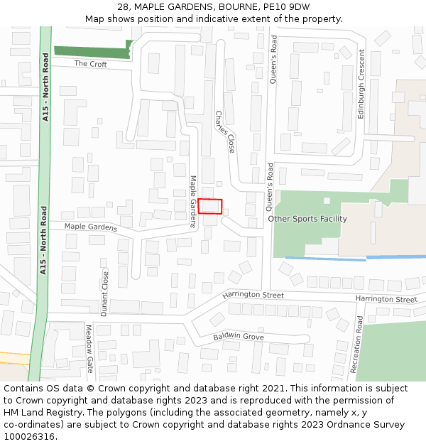 28, MAPLE GARDENS, BOURNE, PE10 9DW: Location map and indicative extent of plot