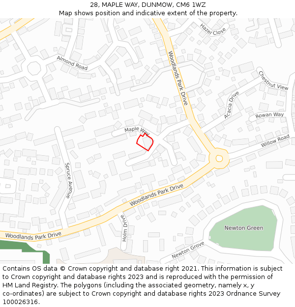 28, MAPLE WAY, DUNMOW, CM6 1WZ: Location map and indicative extent of plot