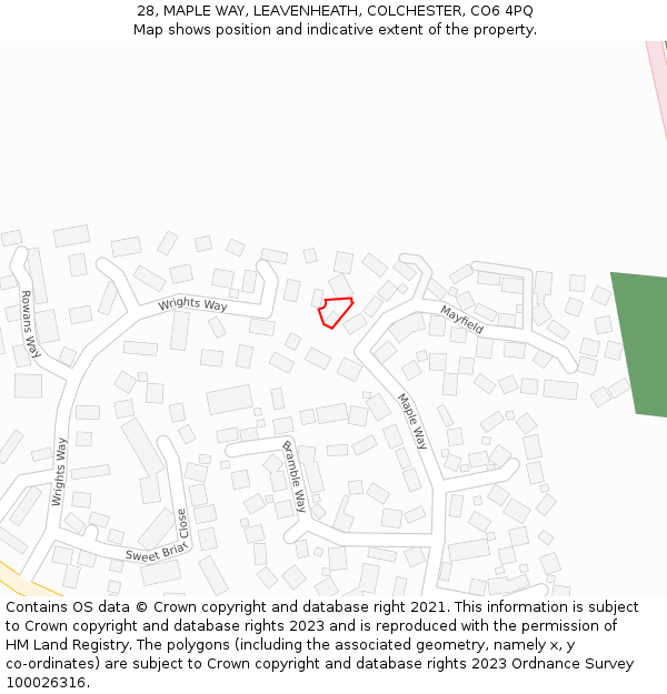 28, MAPLE WAY, LEAVENHEATH, COLCHESTER, CO6 4PQ: Location map and indicative extent of plot
