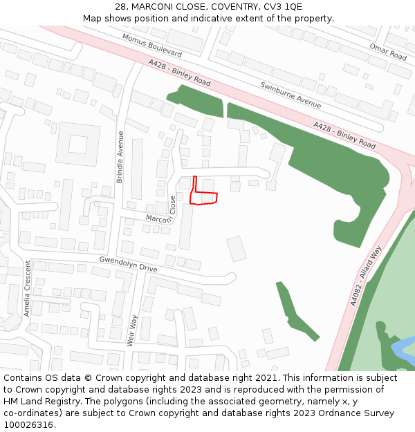 28, MARCONI CLOSE, COVENTRY, CV3 1QE: Location map and indicative extent of plot