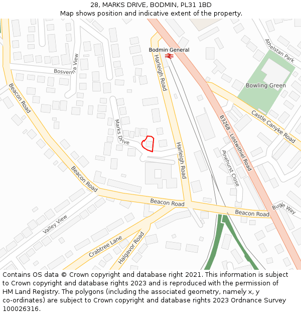 28, MARKS DRIVE, BODMIN, PL31 1BD: Location map and indicative extent of plot