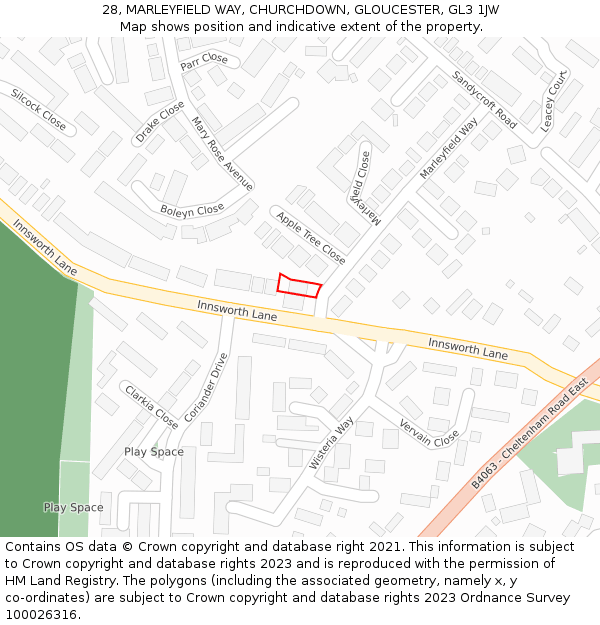 28, MARLEYFIELD WAY, CHURCHDOWN, GLOUCESTER, GL3 1JW: Location map and indicative extent of plot