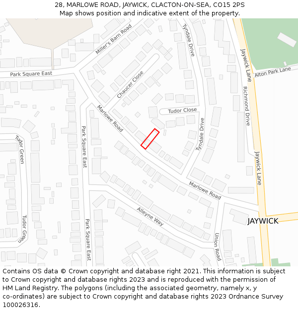 28, MARLOWE ROAD, JAYWICK, CLACTON-ON-SEA, CO15 2PS: Location map and indicative extent of plot