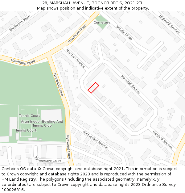 28, MARSHALL AVENUE, BOGNOR REGIS, PO21 2TL: Location map and indicative extent of plot