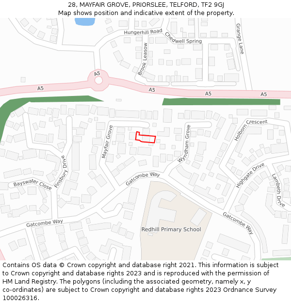 28, MAYFAIR GROVE, PRIORSLEE, TELFORD, TF2 9GJ: Location map and indicative extent of plot