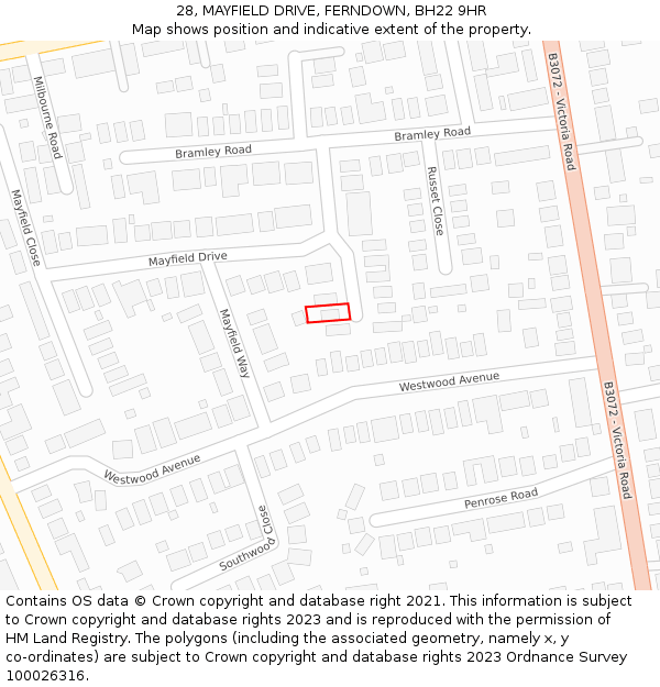 28, MAYFIELD DRIVE, FERNDOWN, BH22 9HR: Location map and indicative extent of plot