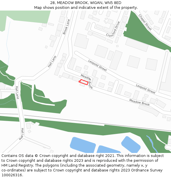 28, MEADOW BROOK, WIGAN, WN5 8ED: Location map and indicative extent of plot