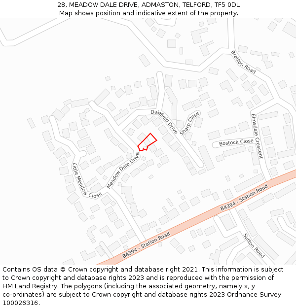 28, MEADOW DALE DRIVE, ADMASTON, TELFORD, TF5 0DL: Location map and indicative extent of plot