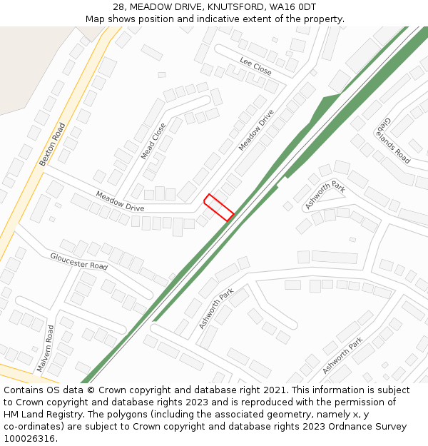 28, MEADOW DRIVE, KNUTSFORD, WA16 0DT: Location map and indicative extent of plot