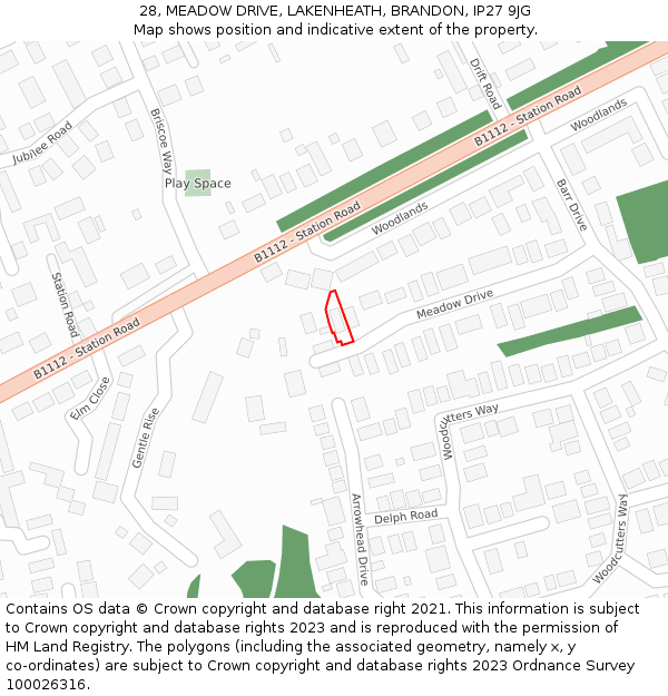 28, MEADOW DRIVE, LAKENHEATH, BRANDON, IP27 9JG: Location map and indicative extent of plot