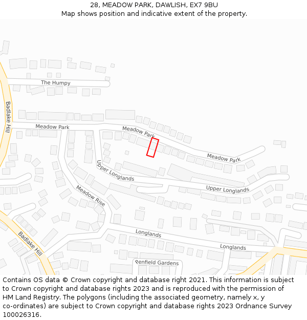 28, MEADOW PARK, DAWLISH, EX7 9BU: Location map and indicative extent of plot