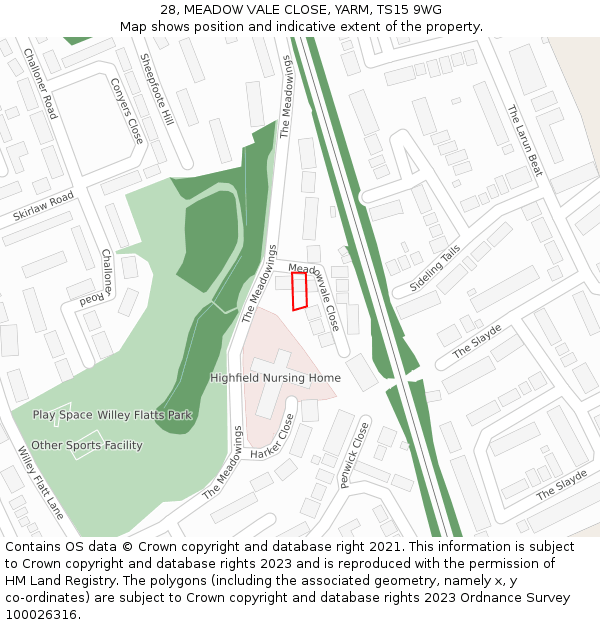 28, MEADOW VALE CLOSE, YARM, TS15 9WG: Location map and indicative extent of plot