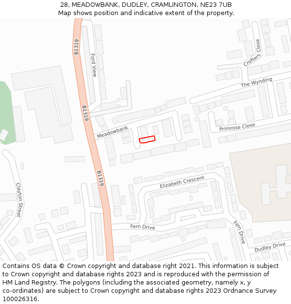 28, MEADOWBANK, DUDLEY, CRAMLINGTON, NE23 7UB: Location map and indicative extent of plot