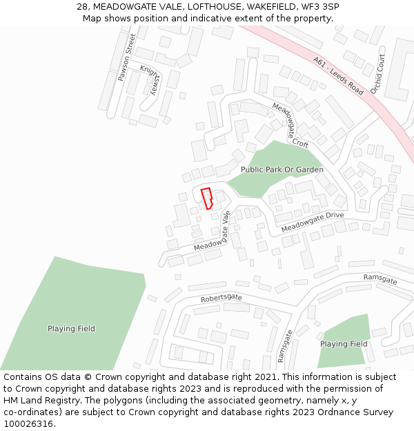 28, MEADOWGATE VALE, LOFTHOUSE, WAKEFIELD, WF3 3SP: Location map and indicative extent of plot