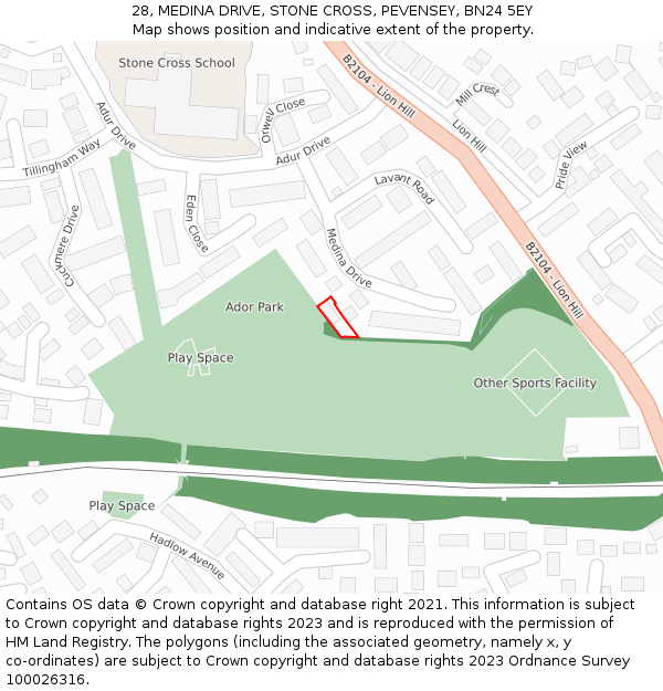 28, MEDINA DRIVE, STONE CROSS, PEVENSEY, BN24 5EY: Location map and indicative extent of plot