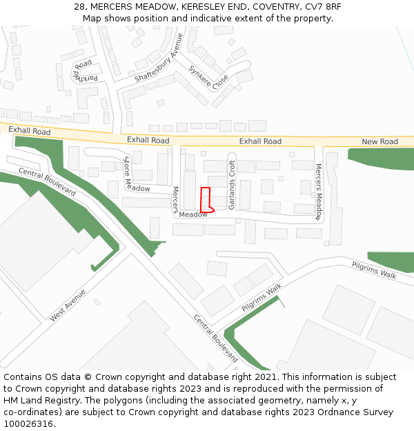 28, MERCERS MEADOW, KERESLEY END, COVENTRY, CV7 8RF: Location map and indicative extent of plot