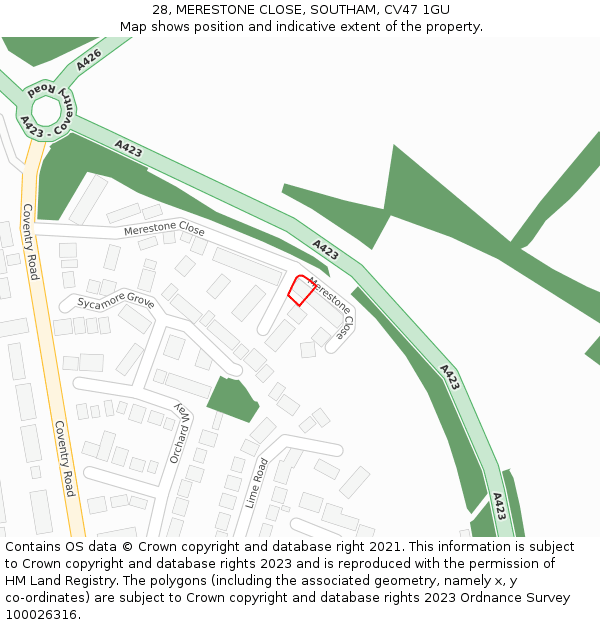 28, MERESTONE CLOSE, SOUTHAM, CV47 1GU: Location map and indicative extent of plot