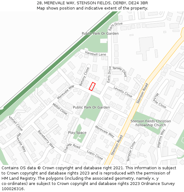28, MEREVALE WAY, STENSON FIELDS, DERBY, DE24 3BR: Location map and indicative extent of plot