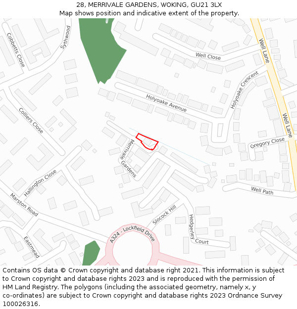 28, MERRIVALE GARDENS, WOKING, GU21 3LX: Location map and indicative extent of plot