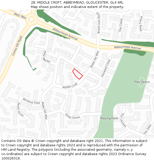 28, MIDDLE CROFT, ABBEYMEAD, GLOUCESTER, GL4 4RL: Location map and indicative extent of plot