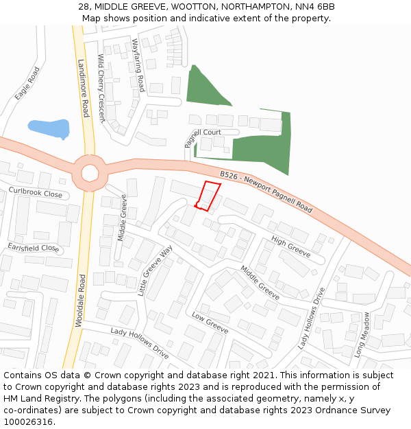 28, MIDDLE GREEVE, WOOTTON, NORTHAMPTON, NN4 6BB: Location map and indicative extent of plot