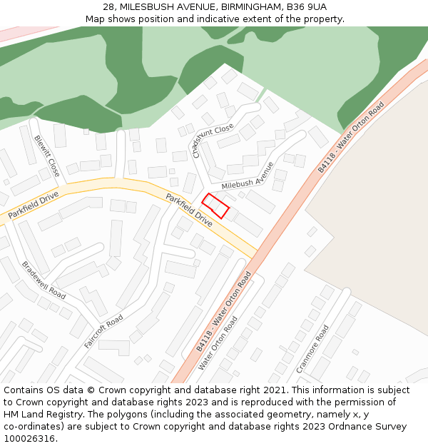 28, MILESBUSH AVENUE, BIRMINGHAM, B36 9UA: Location map and indicative extent of plot