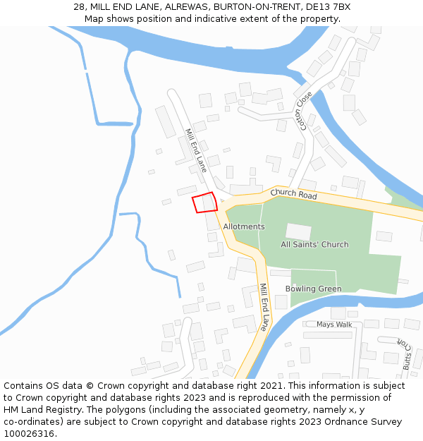 28, MILL END LANE, ALREWAS, BURTON-ON-TRENT, DE13 7BX: Location map and indicative extent of plot