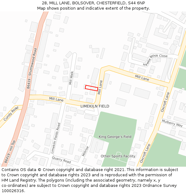 28, MILL LANE, BOLSOVER, CHESTERFIELD, S44 6NP: Location map and indicative extent of plot