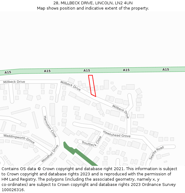 28, MILLBECK DRIVE, LINCOLN, LN2 4UN: Location map and indicative extent of plot