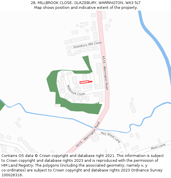 28, MILLBROOK CLOSE, GLAZEBURY, WARRINGTON, WA3 5LT: Location map and indicative extent of plot