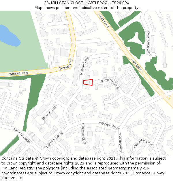 28, MILLSTON CLOSE, HARTLEPOOL, TS26 0PX: Location map and indicative extent of plot