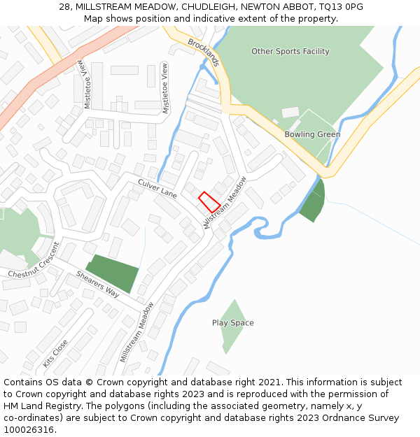 28, MILLSTREAM MEADOW, CHUDLEIGH, NEWTON ABBOT, TQ13 0PG: Location map and indicative extent of plot