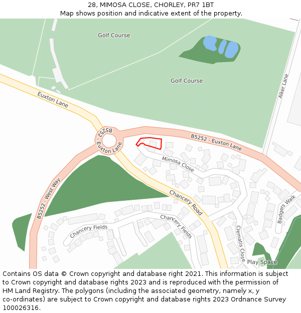 28, MIMOSA CLOSE, CHORLEY, PR7 1BT: Location map and indicative extent of plot