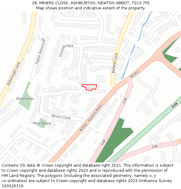 28, MINERS CLOSE, ASHBURTON, NEWTON ABBOT, TQ13 7FE: Location map and indicative extent of plot