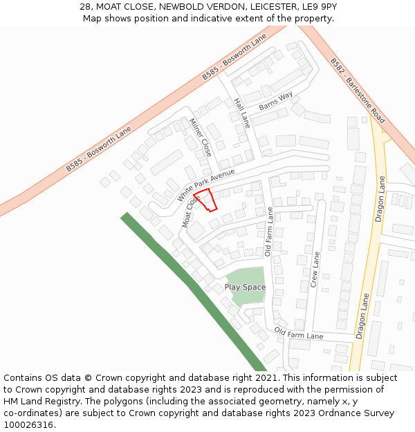 28, MOAT CLOSE, NEWBOLD VERDON, LEICESTER, LE9 9PY: Location map and indicative extent of plot